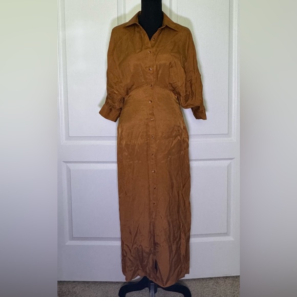 Zara NWT Women's Satin Pleated Midi Shirt Dress in Toffee (Gold) Size X-Small - Picture 12 of 12
